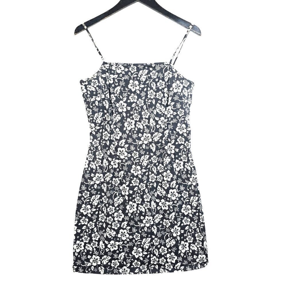 Vintage 90s Y2K No Boundaries Stretch Black White Ditsy Floral Strappy Dress